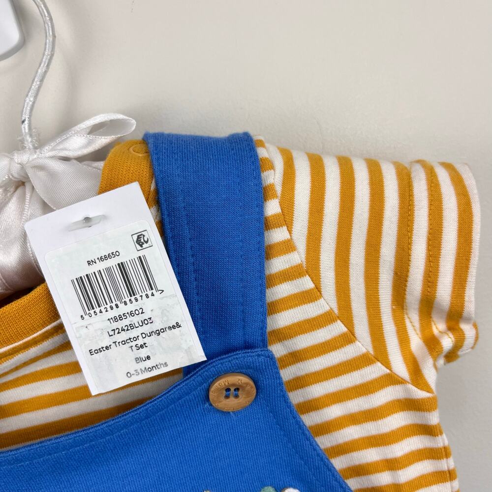 JoJo Maman Bebe Blue Easter Tractor Dungaree Romper & T-Shirt Set 0-3 Months - Picture 4 of 5
